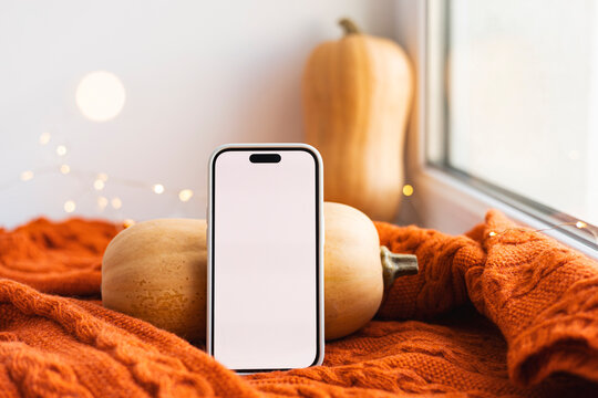 Smartphone with pumpkin and orange sweater autumn scene