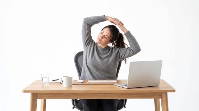 Woman stretching neck and shoulders while sitting at office desk with laptop