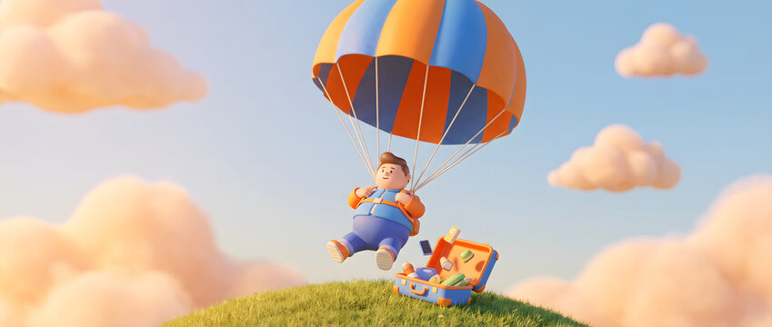 cartoon character flying down with parachute from sky