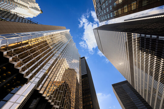 Toronto financial district skyscrapers from a low angle