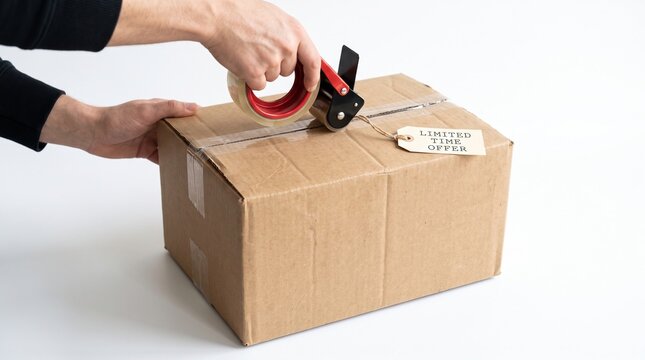 Hands sealing a cardboard box with tape and a limited time offer tag