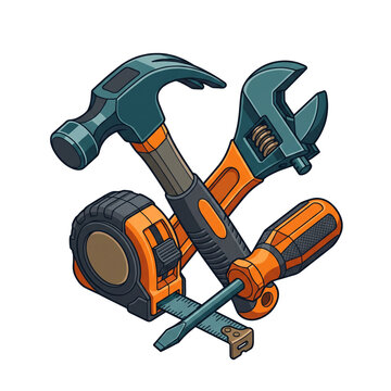 Detailed vector illustration of construction tools including a hammer, wrench, screwdriver, and tape measure on transparent background