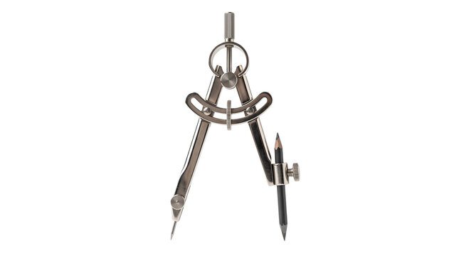 Metal drawing compass with pencil, precision drafting tool for geometry and architecture, professional silver math instrument on white background