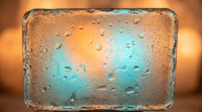 Ice block with condensation and warm bokeh background.