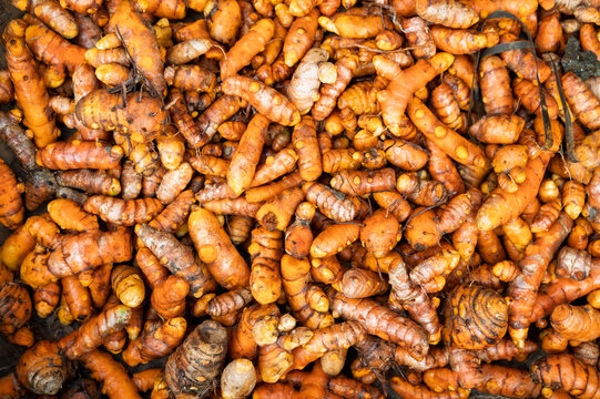 Fresh turmeric root pile at traditional market stall