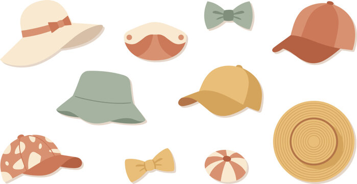 Flat Cartoon Hat and Fashion Accessory Vector Icon Set Featuring Sunhats Baseball Caps Bucket Hats and Bowties for Summer Style Graphic Designs