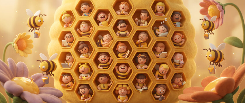 Cute cartoon children reading books inside a honeycomb structure with bees and flowers