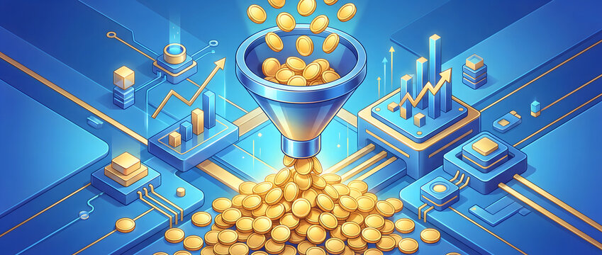 Golden coins flowing into a funnel above circuit board patterns