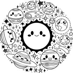 Solar System Planets Doodle Cute Illustration Line Art Pattern © Chickyling
