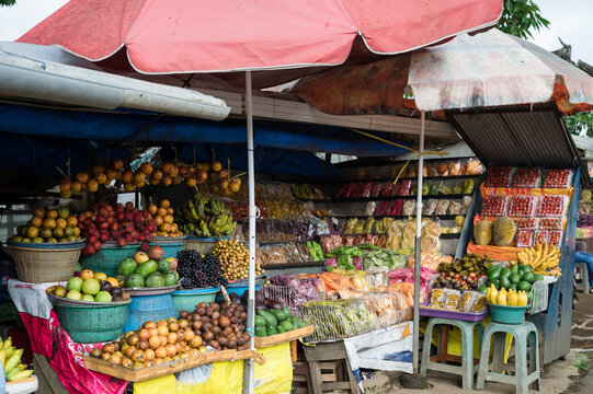 Tropical fruit and produce stall at traditional market