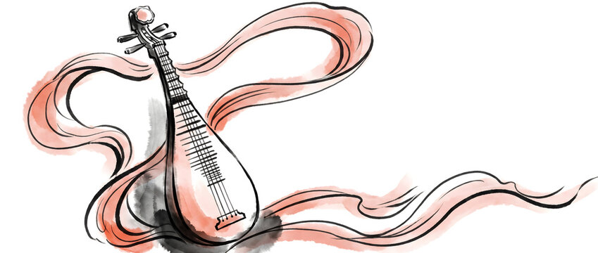 ink style pipa musical instrument illustration