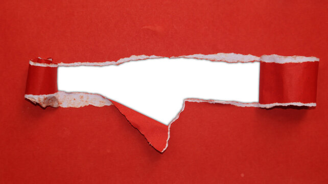Red torn paper banner with triangular hanging flap and transparent center, textured copy space for customizable text, advertising, and graphic design