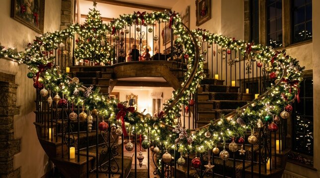 A grand staircase adorned with festive Christmas decorations, including garlands, lights, and ornaments. The setting appears to be a luxurious interior, possibly a hotel or mansion, 