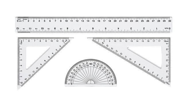 Transparent plastic geometry ruler set with protractor and set squares, clear measuring tools for school and engineering, technical drawing equipment