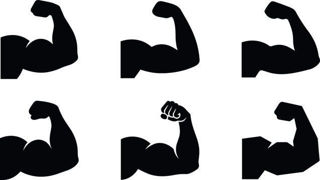 Strong muscle arm icon set showing flexing bicep power bodybuilder fitness gym workout strength symbol vector