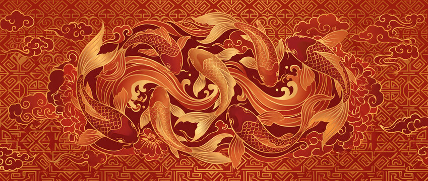auspicious golden koi fish pattern on red background