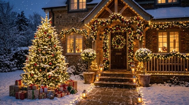 A cozy, snow-covered house adorned with festive Christmas decorations, including a lit-up tree, wreaths, and glowing lights. Presents are neatly arranged on the ground