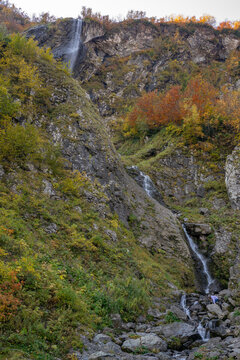 Polikarya waterfall in autumn, Krasnaya Polyana, Sochi, Russia