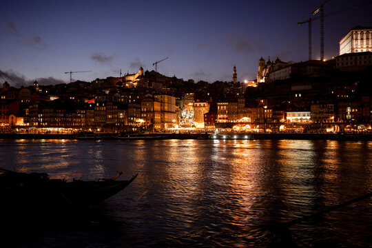 Night view of Porto waterfront across the Douro River