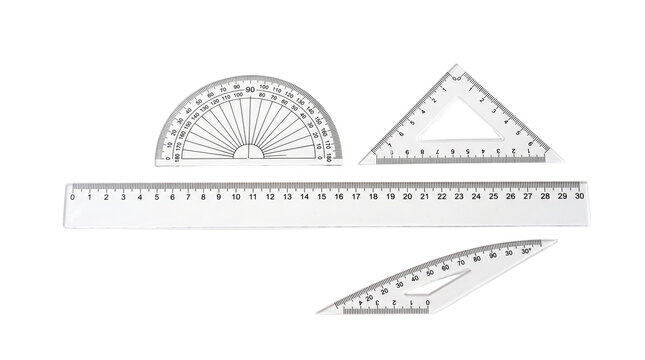 Geometry drawing tools set, transparent plastic ruler and protractor, clear mathematical measuring instruments for school and engineering