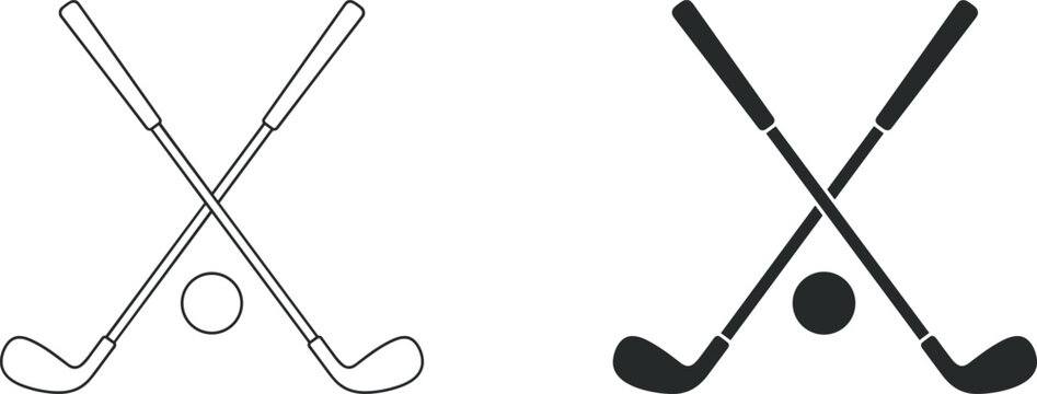 Crossed golf clubs and ball icon set in outline and silhouette style for golf tournament country club sport competition vector