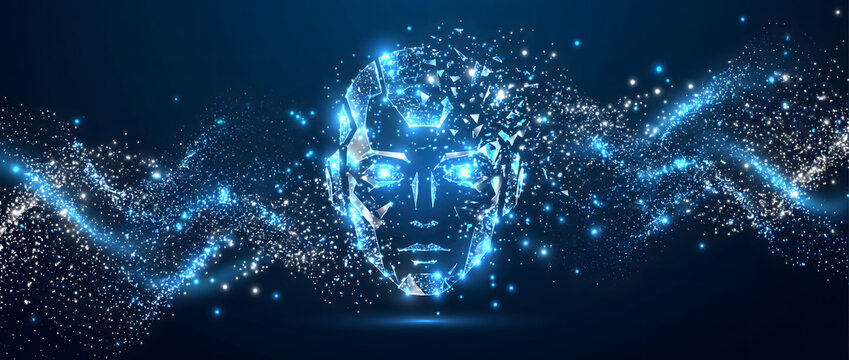 Human face composed of blue particles technology concept
