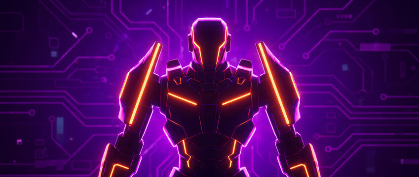 purple neon cyberpunk robot with glowing circuit lines
