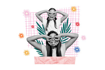 Fototapeta premium Creative poster banner collage of two girls kids sisters make faces over painting color background
