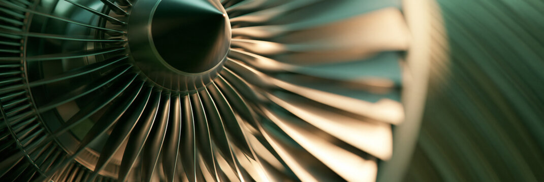Turbine eines Flugzeugtriebwerks in Nahaufnahme, gr&uuml;n get&ouml;nt