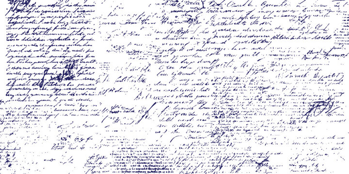 Messy unreadable blue handwritten script text with ink smudges and splatters vector illustration.