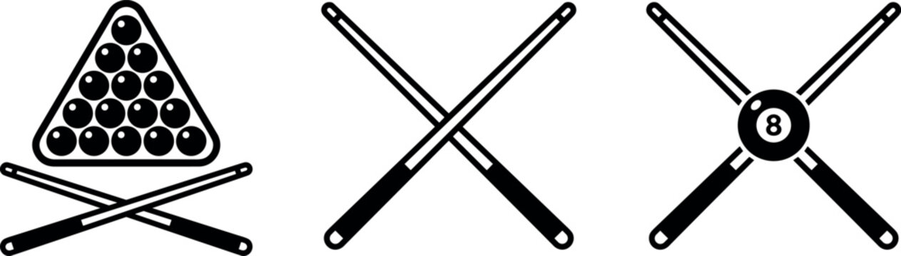 Billiards and pool cue sticks with eight ball triangle rack vector icon set isolated on white background