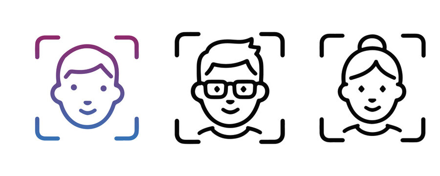 Facial recognition scan line icons of diverse human faces for modern security system.