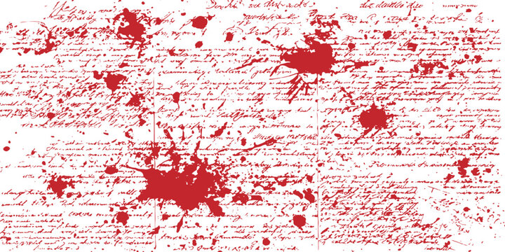 Red blood splatters and ink blots over messy unreadable handwritten script text vector illustration.