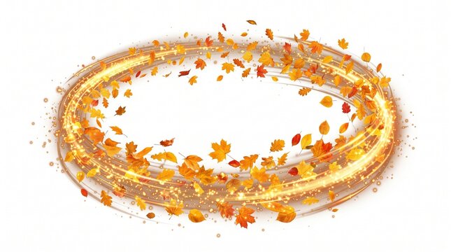 Vibrant autumn leaves and golden light swirling oval frame on white