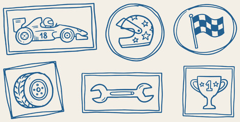 Collection of hand-drawn racing icons including a race car, helmet, checkered flag, tire, wrench, and trophy. © Riki