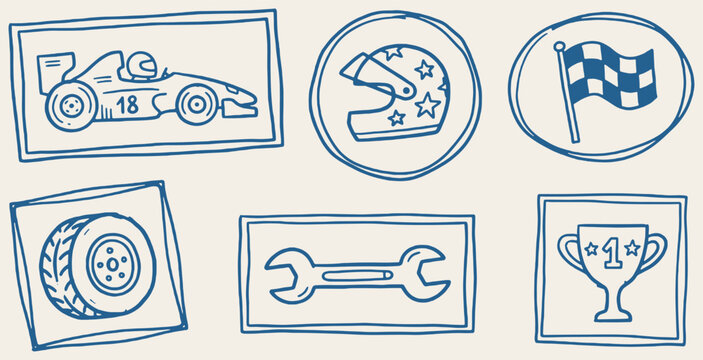 Collection of hand-drawn racing icons including a race car, helmet, checkered flag, tire, wrench, and trophy.