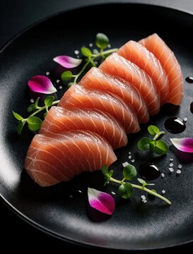 Fresh Chutoro tuna sashimi slices on black plate. Fatty medium tuna fish pieces served with microgreens, flower petals. Gourmet Japanese seafood meal presented on dark background for fine dining menu