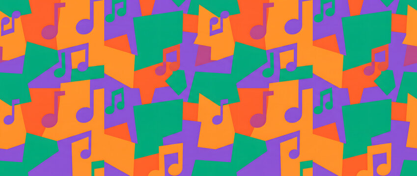 colorful geometric pattern with musical notes in orange green and purple