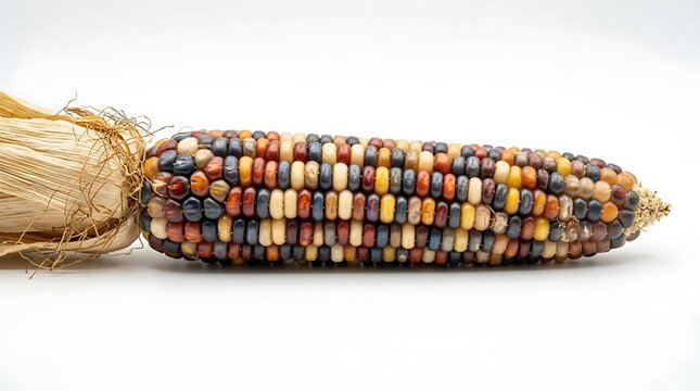 Colorful flint corn ear with dry husk lying horizontally on a bright neutral surface