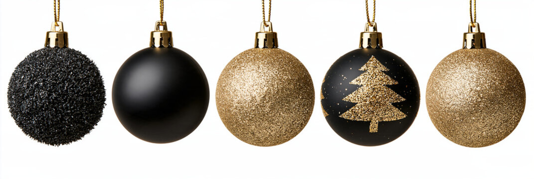 F&uuml;nf schwarze und goldene Weihnachtskugeln mit Glitzer nebeneinander