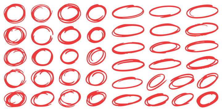 Set of hand drawn red circles and oval scribble shapes for highlighting text and emphasizing important parts