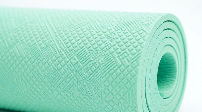 Rolled mint green fitness mat with geometric embossed pattern close up