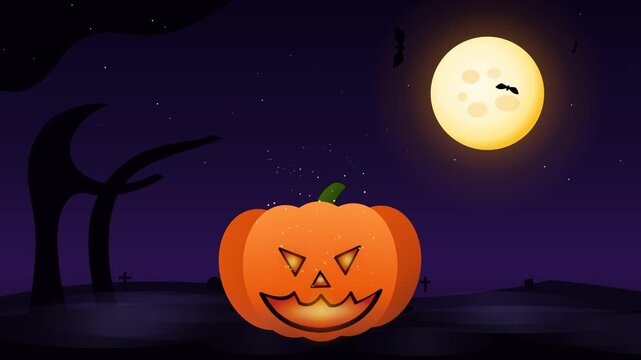 4K 60fps cinematic Halloween motion graphics animation featuring a glowing carved Jack-o'-Lantern with realistic candle flicker, eerie full harvest moon, gnarly dead tree silhouette, graveyard hills,