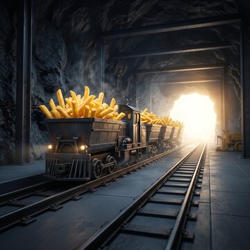 French Fry Mine Train Emerging from a Dark Tunnel