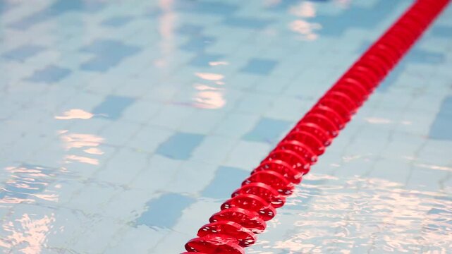 Close Up Of Red Lane Rope Floating On Blue Swimming Pool Water