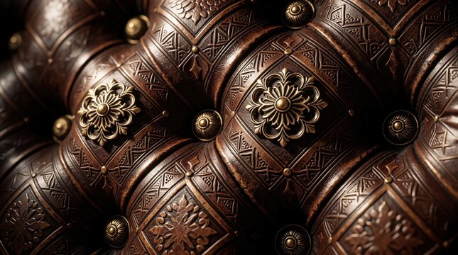 Close up of brown leather furniture with antique embossed pattern. Luxury upholstery features gold metal studs, decorative floral ornaments. Vintage style texture shows detailed craftsmanship on dark