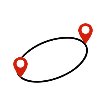 Route loop icon, black oval line two red pins, navigation map symbol. Travel path gps concept, simple line art marks. Route loop icon way sign