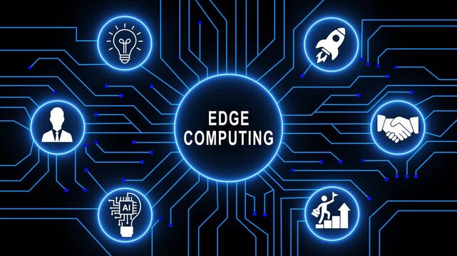 Dynamic edge computing concept animation with glowing blue circuit board background, modern technology artificial intelligence, and data network connectivity for enterprise digital transformation