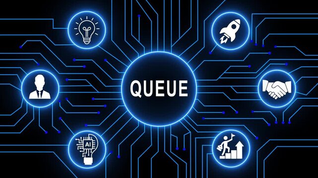 Futuristic digital queue management system concept animation with glowing circuit board background, network data flow, technology concept, for modern business, automation and efficient process