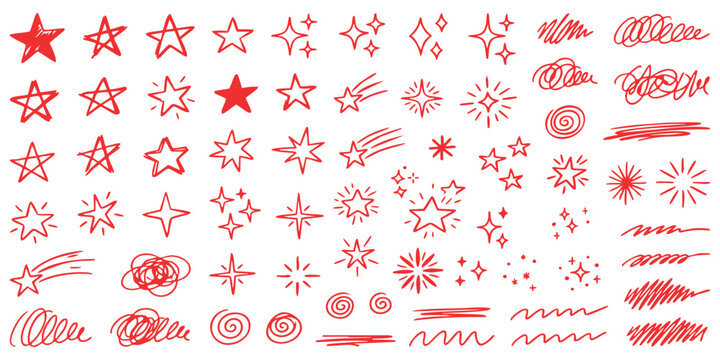 Collection of hand drawn red stars and sparkle doodles for creative design projects and decorative elements